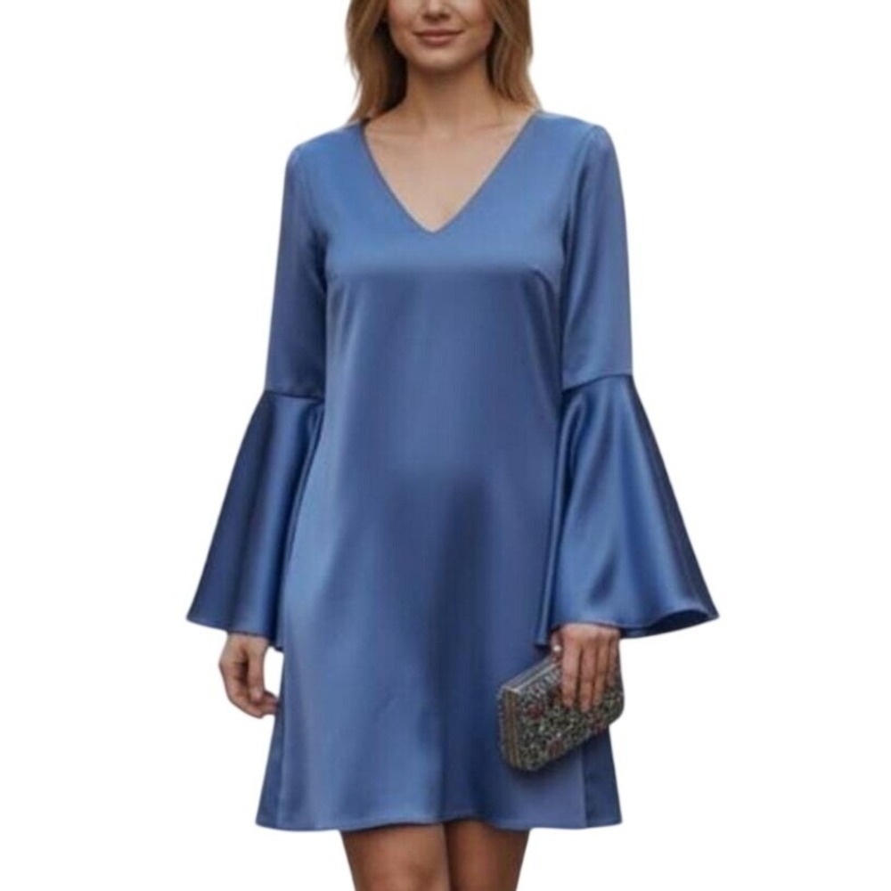 Chloe Kristyn Blue Mini Sheath Dress Bell Sleeves Lined NWT Sz L